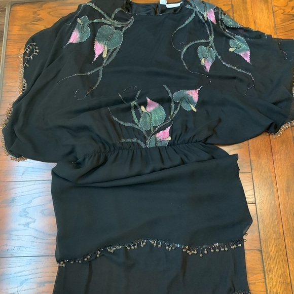 Vintage Oleg Cassini evening silk beaded painted rare dress gown batwing black - Picture 2 of 13